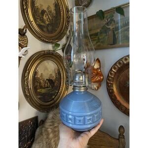 Vintage Karan Oil Lamp Kerosene Lamp Powder Blue Glass Oil Lamp Cottagecore